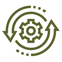 Green illustration of a gear with arrows in a circular motion